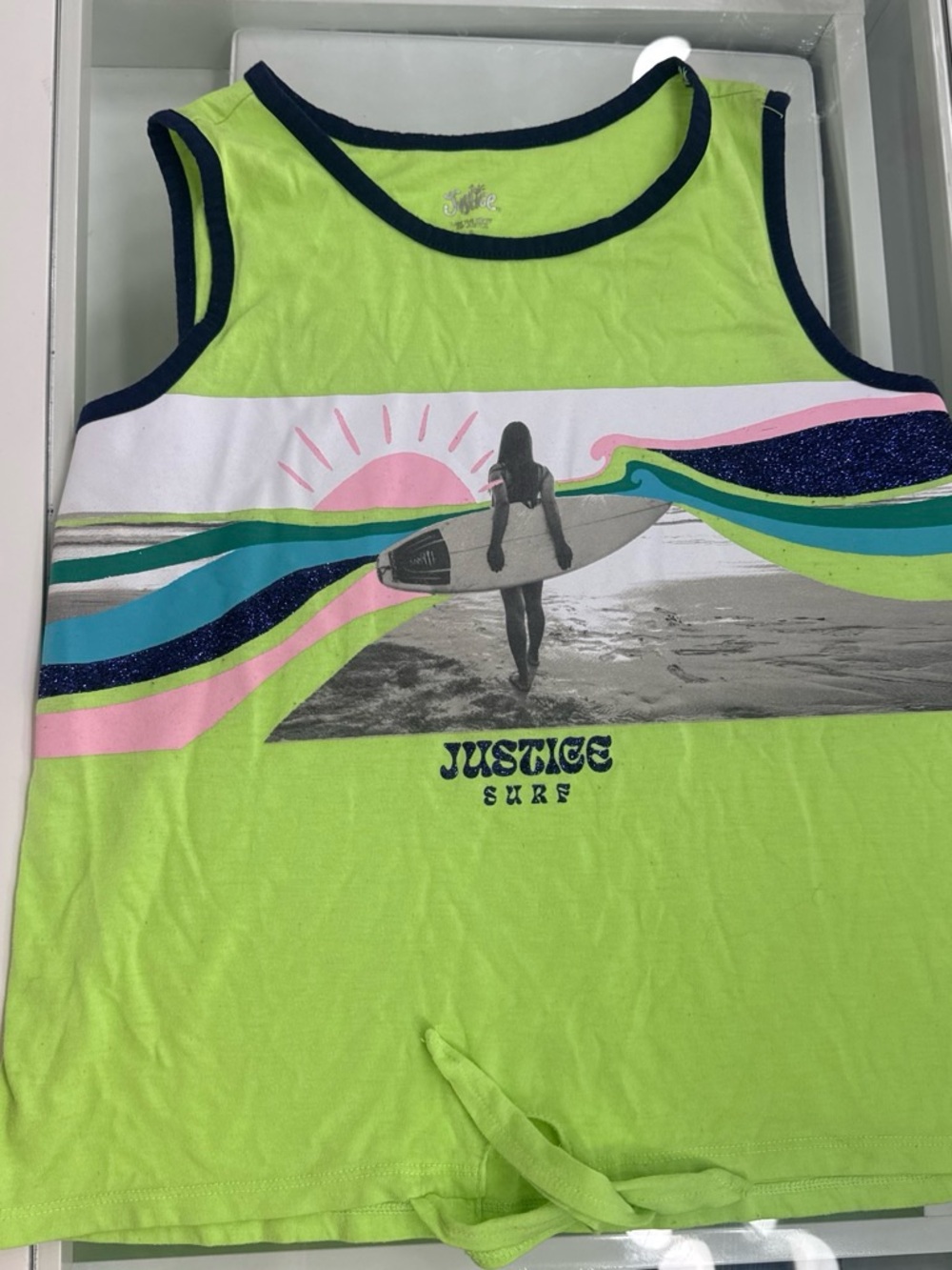 Justice Lime Green Surf Graphic Tank with Navy Trim